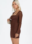 Princess Polly Square Neck  Ranier Long Sleeve Mini Dress Burgundy