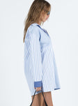 Front view of model wearing  front Princess Polly Crew Neck  Rouni Shirt Dress White / Blue