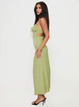 side view of model wearing Princess Polly Kristyn Maxi Dress Green Sweetheart Neckline 