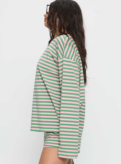 Settle Down Long Sleeve Top Green / Pink Stripe