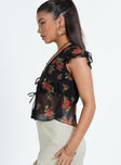 Crop top Floral print Lace trim  Cap sleeve  V neckline Tie fastening at bust