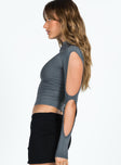 side view of model wearing Princess Polly Boni Long Sleeve Top Slate Full Sleeves High Neck 