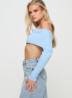 side view of model wearing Princess Polly Hardele Off The Shoulder Top Blue Full Sleeves straight 