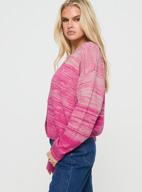 side view of model wearing Princess Polly Emikio Cardigan Ombre Pink regular 