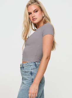 side view of model wearing Princess Polly Serenie Top Grey Short Sleeves V-Neck 