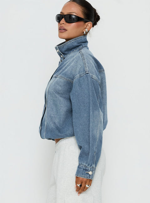 Alfea Funnel Neck Denim Bomber Jacket Mid Blue Wash