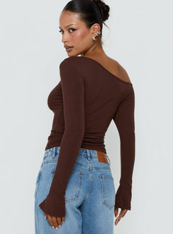 Kleoh Off Shoulder Long Sleeve Henley Top Brown