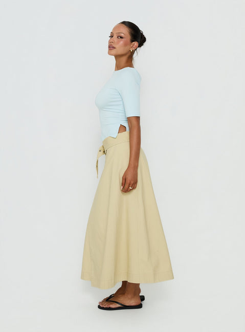 Featuring the True Visions Belted Maxi Skirt Sand in womens-skirts with maxi length side view of model wearing Princess Polly