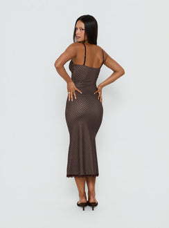 Delaney V Neck Frill Midi Dress Brown Brown / Pink Polka Dot | Princess Polly Delaney V Neck Frill Midi Dress Brown Brown / Pink Polka Dot | Princess Polly