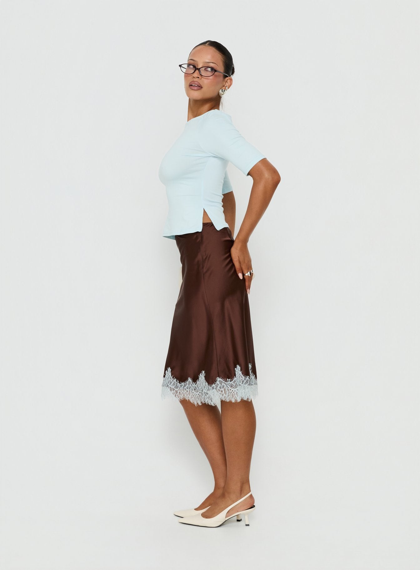 Miriza Lace Trim Midi Skirt Chocolate / Blue | Princess Polly