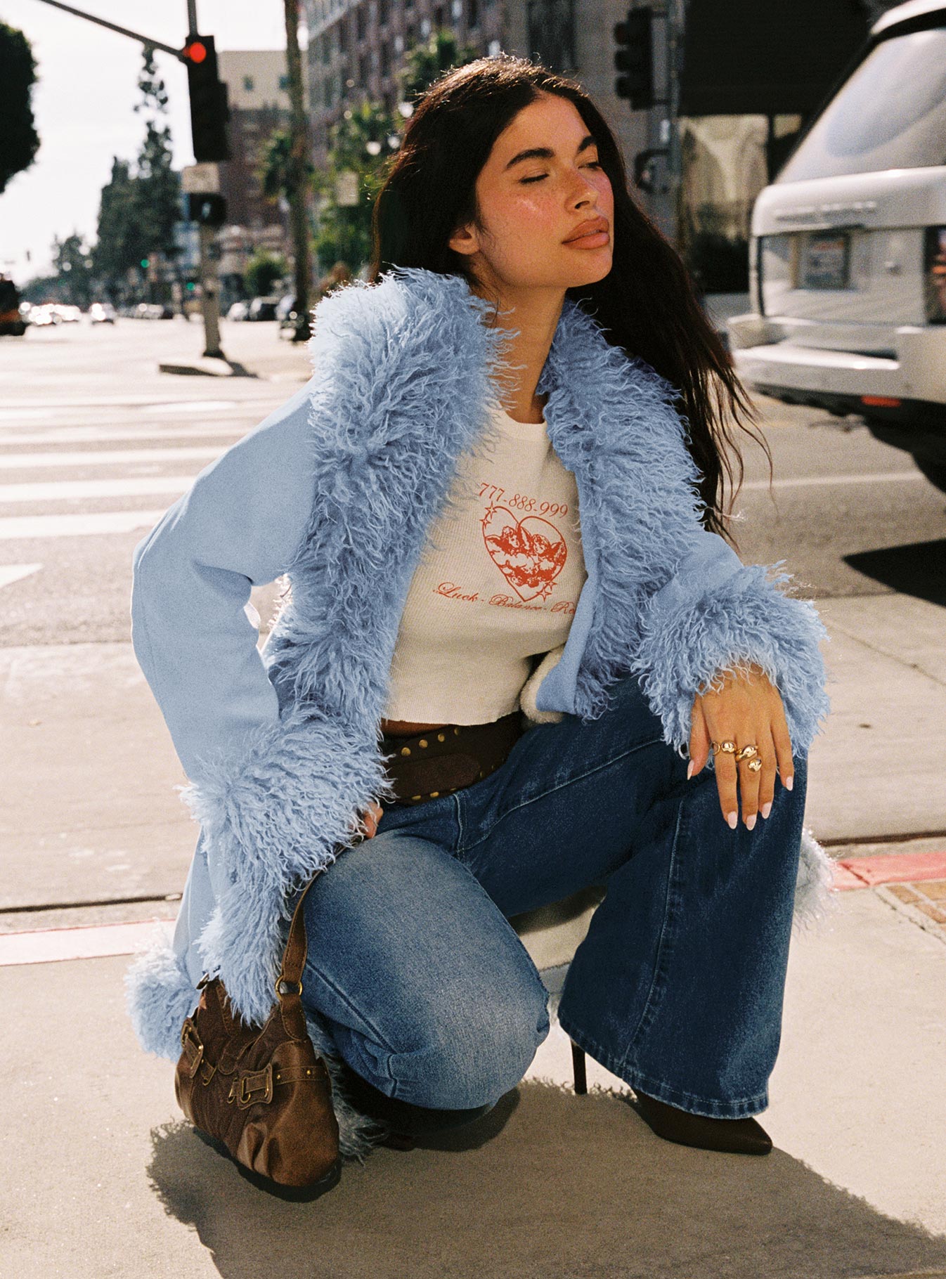 Josefina Faux Fur Detail Jacket Blue | Princess Polly