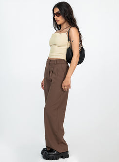 Front view of model wearing  front Princess Polly High Waisted Pants High Waisted Pants High Waisted Pants  Archer Pants Brown Petite
