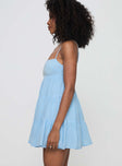 side view of model wearing Princess Polly Palatial Mini Dress Light Blue Square Neck 