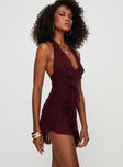 side view of model wearing Princess Polly Gina Asymmetric Mini Dress Burgundy Plunger 