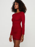 Mini Dress  Long sleeve, ruching throughout, lettuce edge hems, mesh material Good stretch, fully lined 