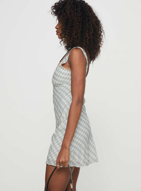 side view of model wearing Princess Polly Granberg Mini Dress Grey V-Neck 