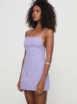 side view of model wearing Princess Polly Ebullient Lace Mini Dress Lilac Square Neck 