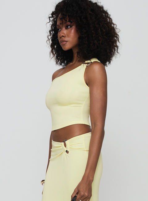 side view of model wearing Princess Polly Rios One Shoulder Top Cream Sleeveless Asymmetric Neckline 