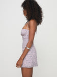 side view of model wearing Princess Polly Acer Mini Dress Purple Floral Sweetheart Neckline 