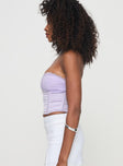 side view of model wearing Princess Polly Suga Strapless Top Lilac Sleeveless Sweetheart 