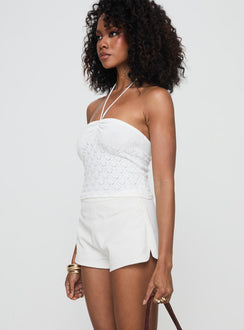 side view of model wearing Princess Polly Grigio Cord Shorts Ivory High Waisted Shorts 