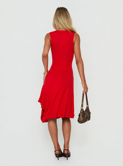 Louisia V Neck Hanky Hem Midi Dress Red