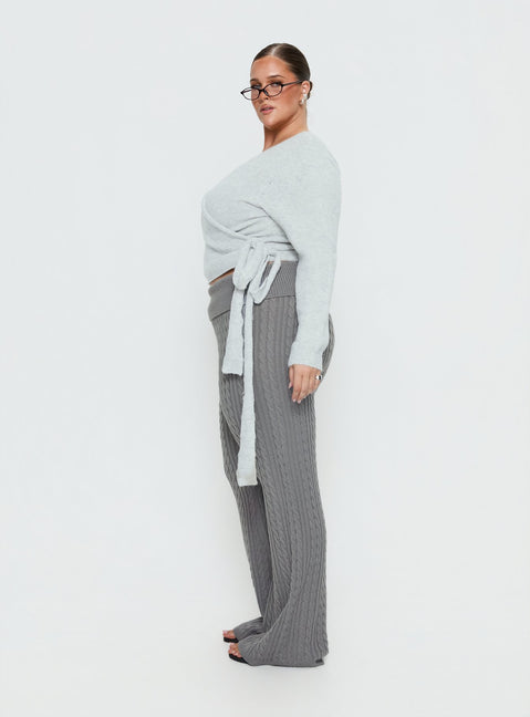 side view of model wearing Princess Polly Baleigh Cable Knit Foldover Pants Grey Curve High Rise Pants 