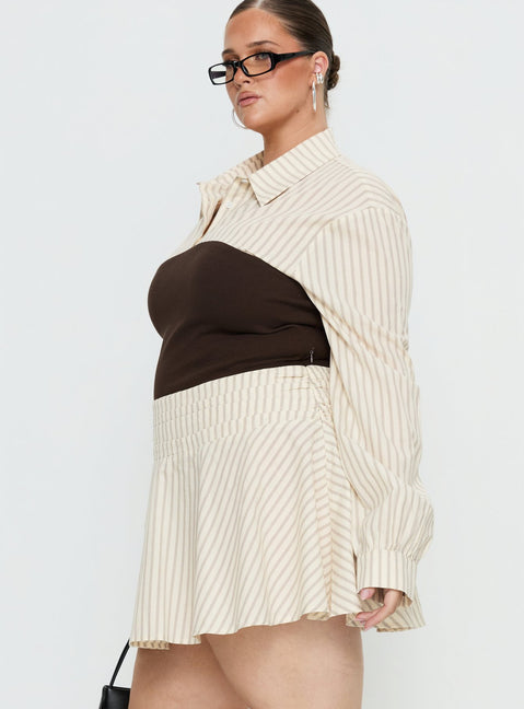 Belva Long Sleeve Corset Shirt Mini Dress Brown Stripe Curve