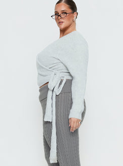 side view of model wearing Princess Polly Tonee Wrap Knit Cardigan Grey Curve cropped 