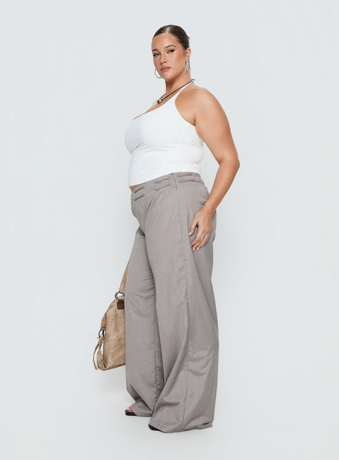 side view of model wearing Princess Polly Just Have Fun Wide Leg Pant Grey Curve Mid Rise Pants 