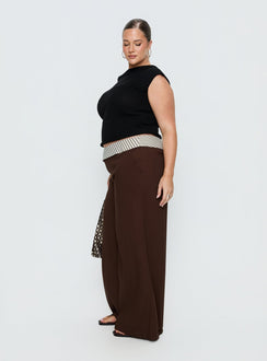 side view of model wearing Princess Polly Past Life Fold Over Waistband Pant Brown / Stripe Curve Mid Rise Pants 