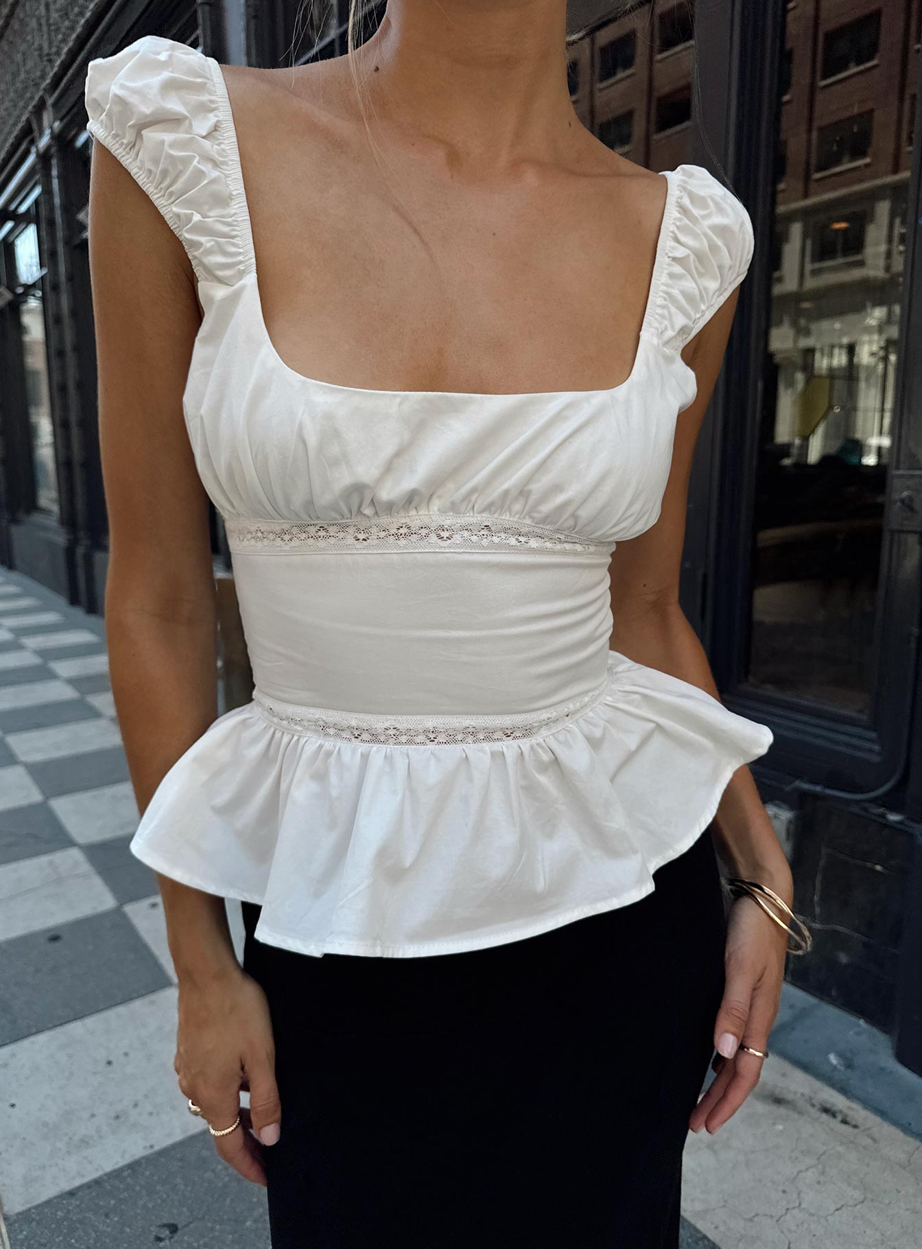 back view of model wearing Princess Polly Somi Top White Short Sleeves Square Neck 