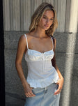 front view of model wearing Princess Polly Empress Cami Top White Sleeveless Sweetheart 