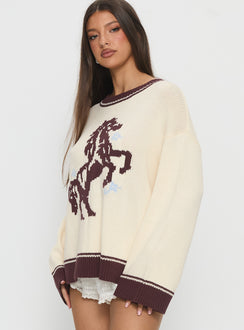 side view of model wearing Princess Polly Rhianonn Horse Graphic Knit Sweater Cream / Brown Cropped 