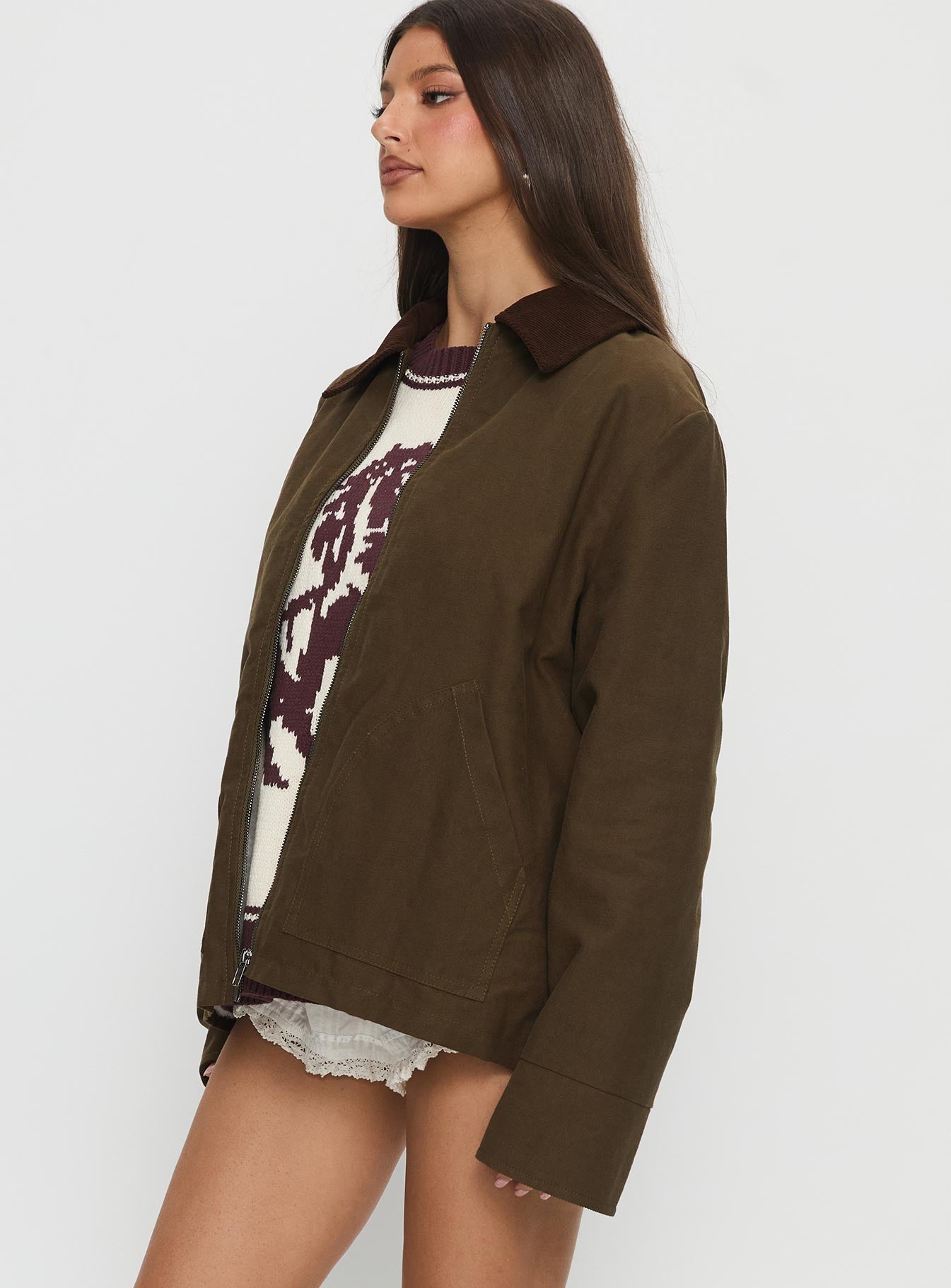 Livya Contrast Collar Utility Jacket Khaki | Princess Polly