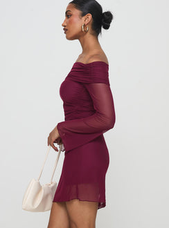side view of model wearing Princess Polly Consideration Mini Dress Burgundy Straight Neck 