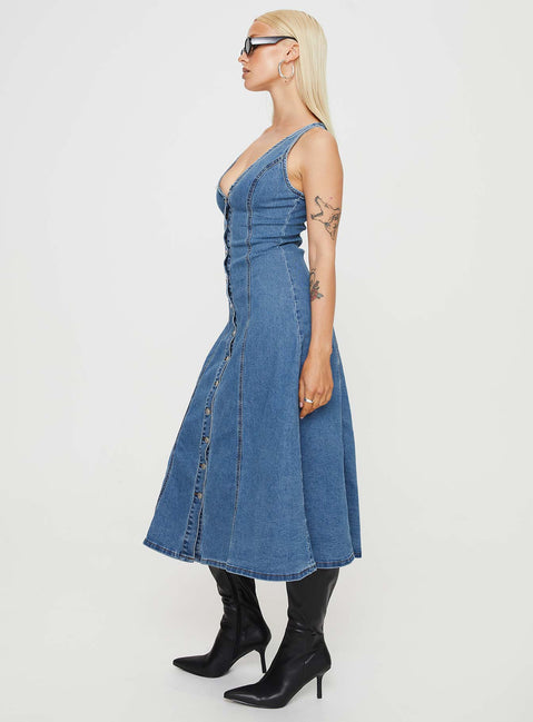 Midler Denim Midi Dress Mid Blue | Princess Polly Midler Denim Midi Dress Mid Blue | Princess Polly