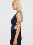 side view of model wearing Princess Polly Uzo Top Navy Lower Impact Sleeveless Crew Neck 