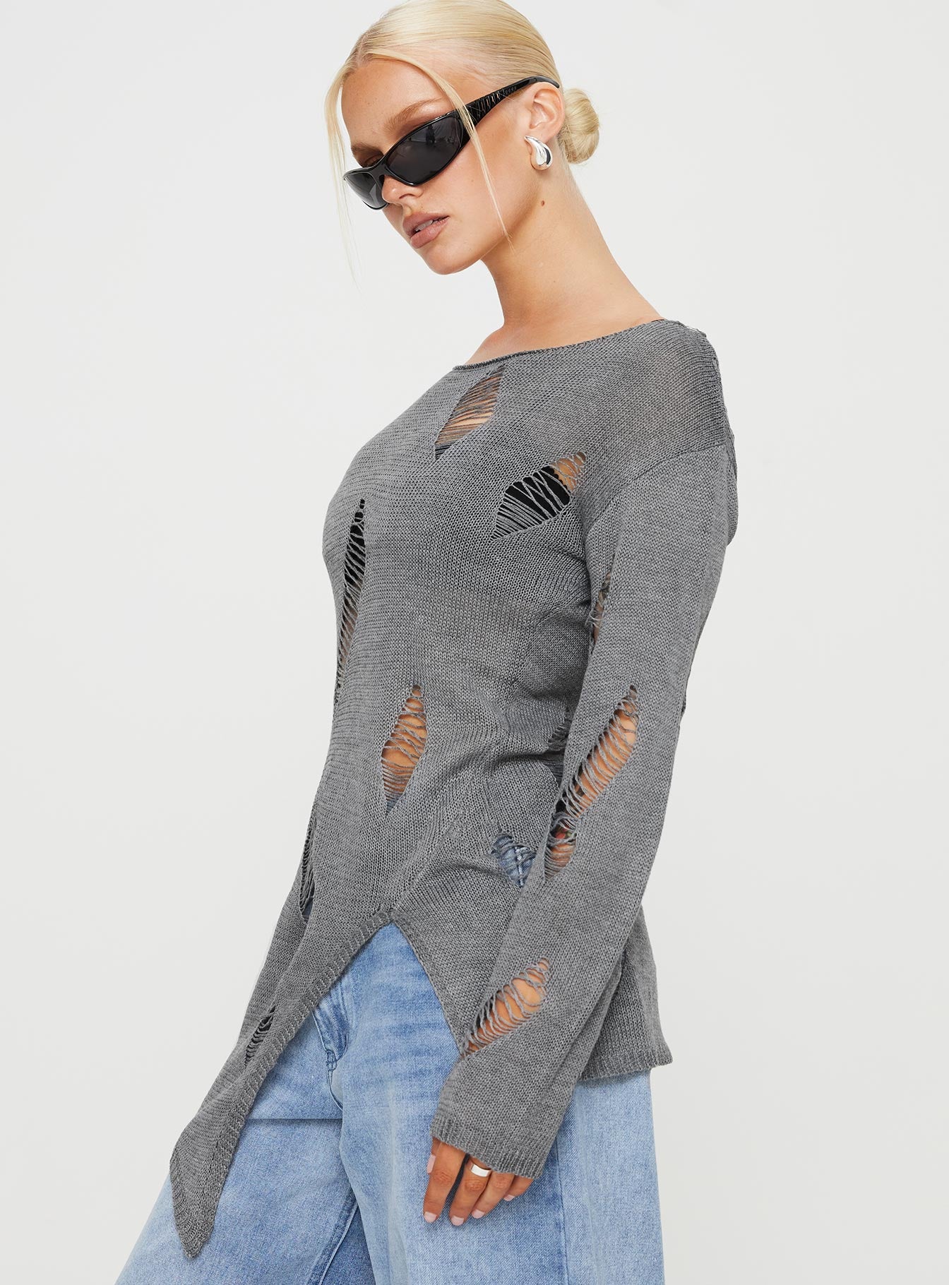 side view of model wearing Princess Polly Ermina Distressed Sweater Grey 