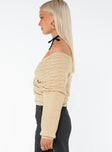 Sweater Cable knit material Off-the-shoulder design V-neckline Wrap style