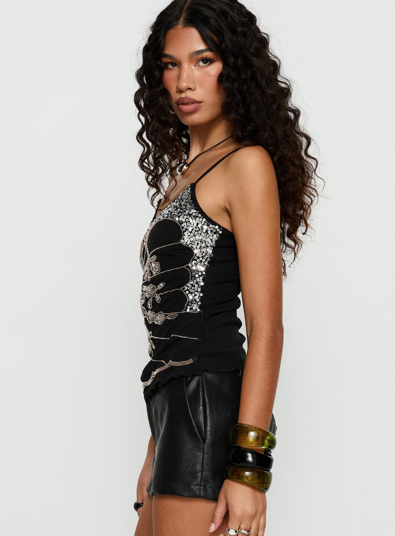 Devondra Sequin Detail Cami Top Black
