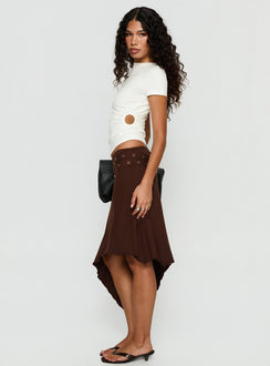   side view of model wearing Princess Polly Lorensa Double Buckle Asymmetrical Midi Skirt Brown Midi Skirts 