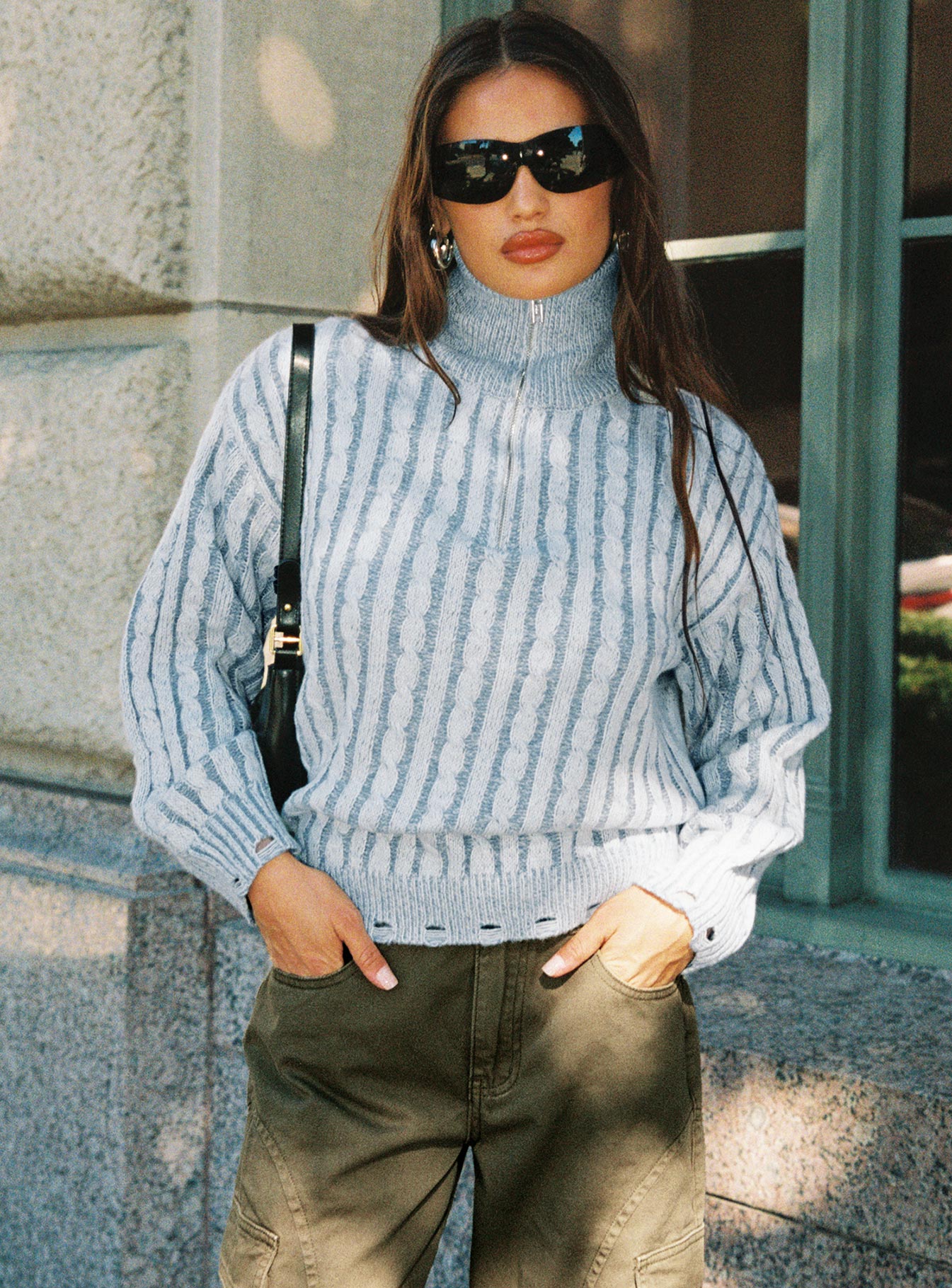 side view of model wearing Princess Polly Told The Truth Quarter Zip Knit Sweater Blue 