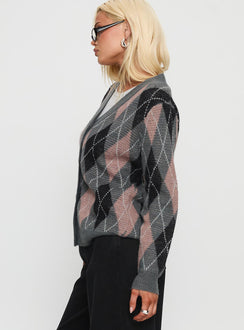 side view of model wearing Princess Polly Zeeva Button Through Knit Cardigan Grey Argyle Long 