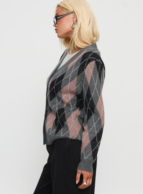 side view of model wearing Princess Polly Zeeva Button Through Knit Cardigan Grey Argyle Long 