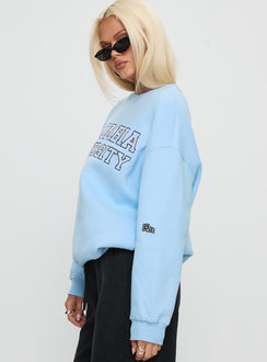 side view of model wearing Princess Polly Columbia Offside Crewneck Sweatshirt Blue Long 