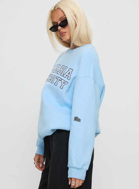 side view of model wearing Princess Polly Columbia Offside Crewneck Sweatshirt Blue Long 