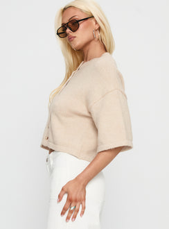 side view of model wearing Princess Polly Verina Short Sleeve Knit Cardigan Oat cropped 