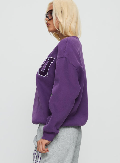side view of model wearing Princess Polly NYU Offside Crewneck Sweatshirt Purple 