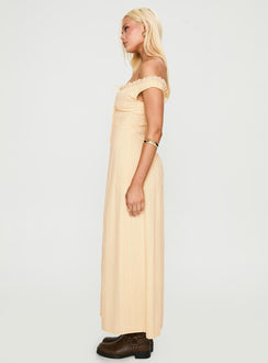 side view of model wearing Princess Polly Bryar Maxi Dress Yellow V-Neck 
